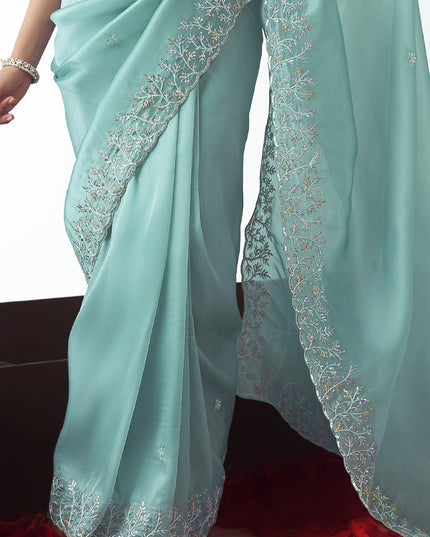 Awesome Aqua Blue Tissue Organza Embroidered Wedding Saree