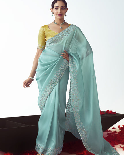 Awesome Aqua Blue Tissue Organza Embroidered Wedding Saree