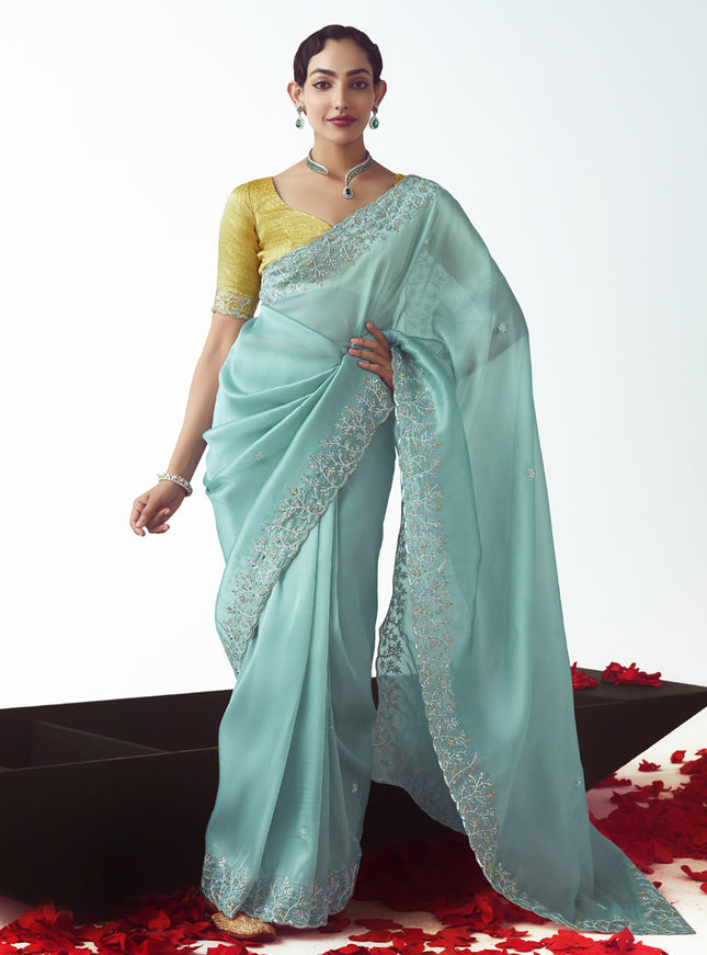 Awesome Aqua Blue Tissue Organza Embroidered Wedding Saree