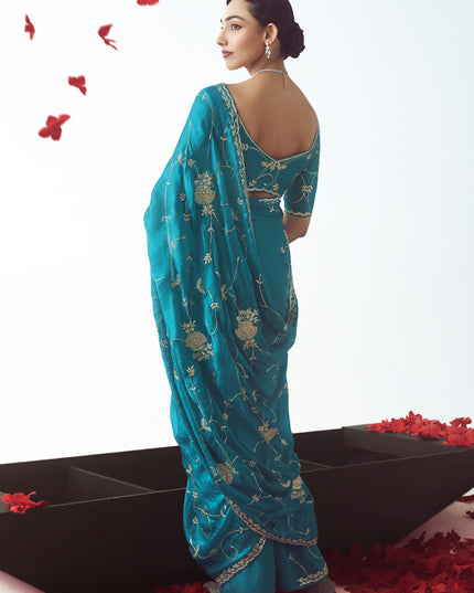 Glamorous Azure Blue Tissue Organza Embroidered Wedding Saree