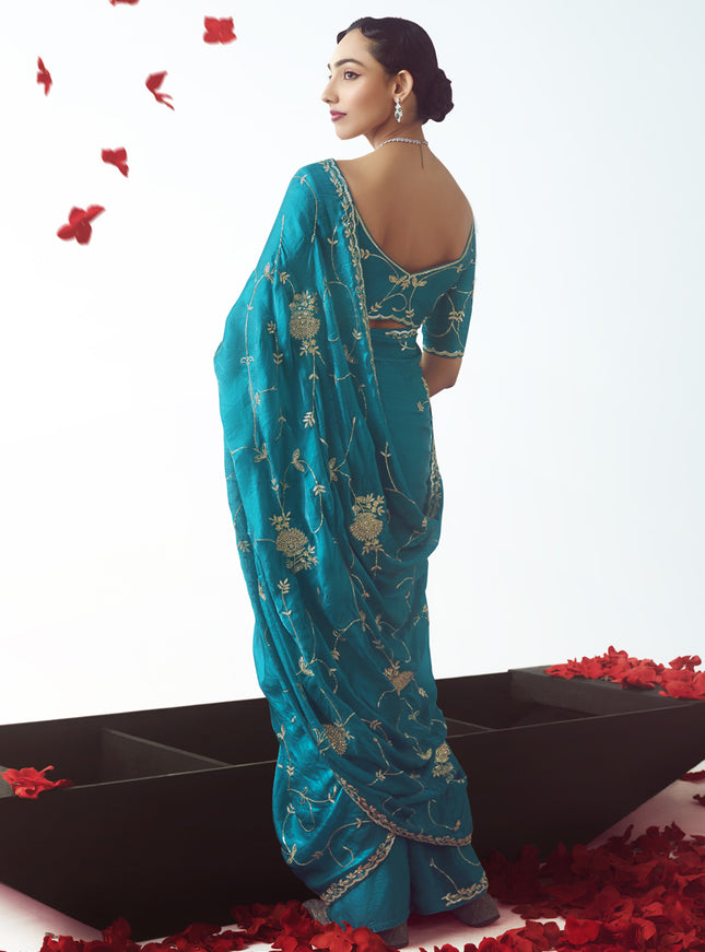 Glamorous Azure Blue Tissue Organza Embroidered Wedding Saree