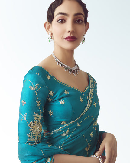 Glamorous Azure Blue Tissue Organza Embroidered Wedding Saree