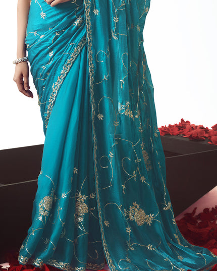 Glamorous Azure Blue Tissue Organza Embroidered Wedding Saree