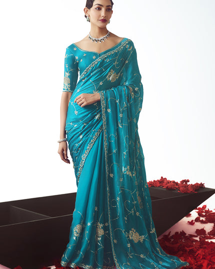 Glamorous Azure Blue Tissue Organza Embroidered Wedding Saree