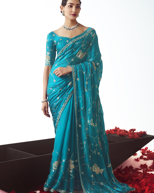 Glamorous Azure Blue Tissue Organza Embroidered Wedding Saree