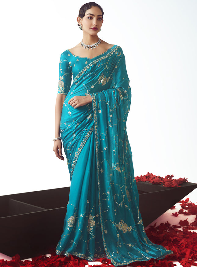 Glamorous Azure Blue Tissue Organza Embroidered Wedding Saree