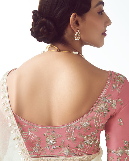 Marvelous Pearl White Tissue Organza Embroidered Wedding Saree