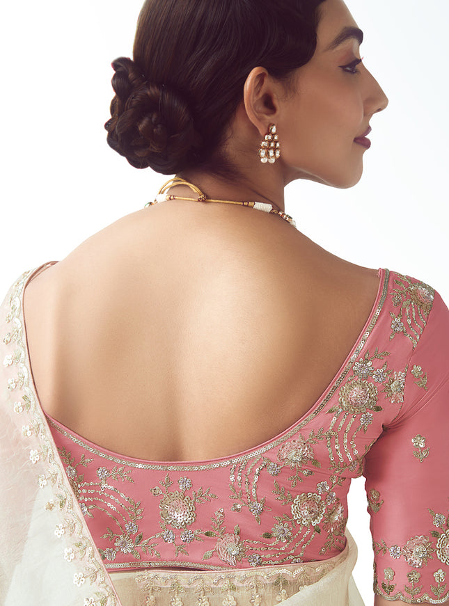 Marvelous Pearl White Tissue Organza Embroidered Wedding Saree