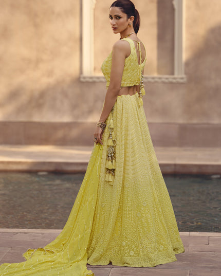 Lemon Yellow Georgette Lakhnavi Embroidered Lehenga Choli