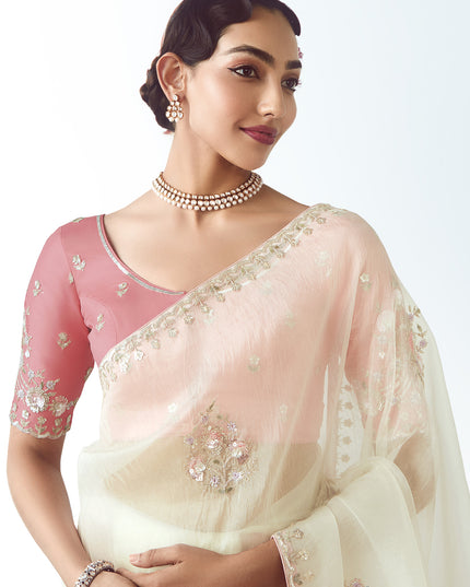 Marvelous Pearl White Tissue Organza Embroidered Wedding Saree