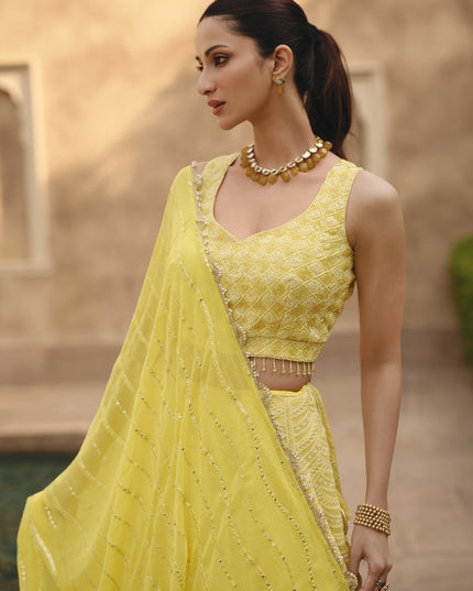 Lemon Yellow Georgette Lakhnavi Embroidered Lehenga Choli