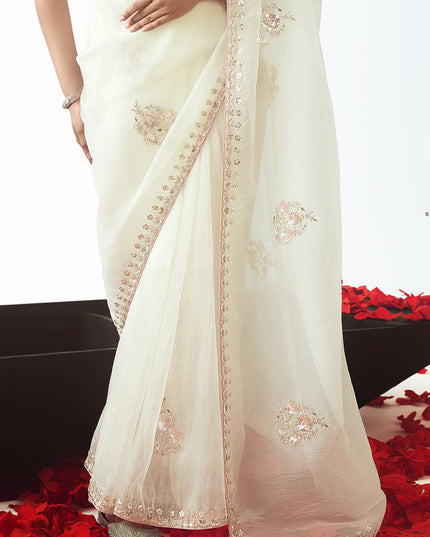 Marvelous Pearl White Tissue Organza Embroidered Wedding Saree