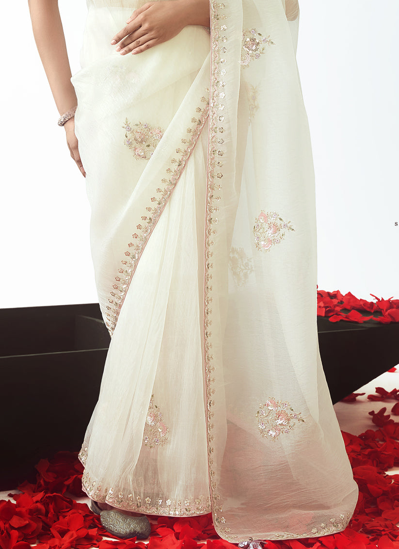 Marvelous Pearl White Tissue Organza Embroidered Wedding Saree