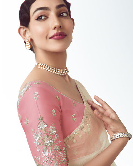 Marvelous Pearl White Tissue Organza Embroidered Wedding Saree