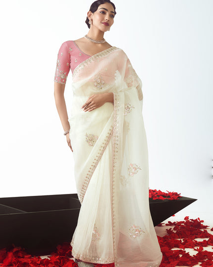 Marvelous Pearl White Tissue Organza Embroidered Wedding Saree