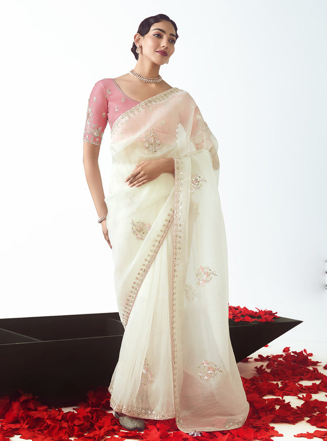 Marvelous Pearl White Tissue Organza Embroidered Wedding Saree