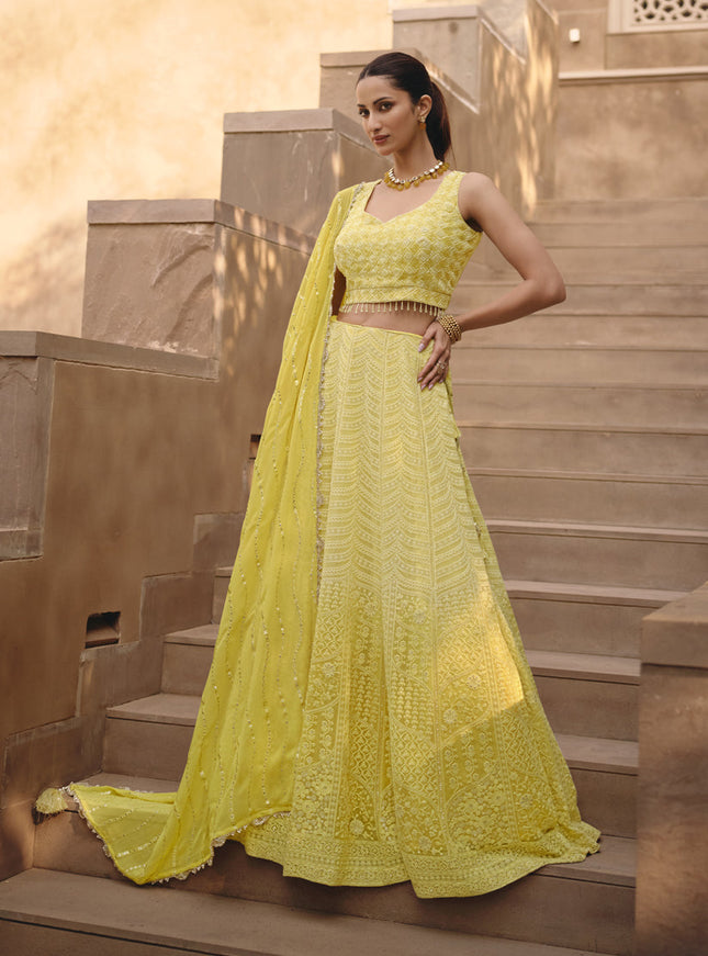Lemon Yellow Georgette Lakhnavi Embroidered Lehenga Choli