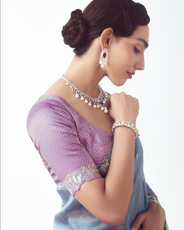 Stunning Slate Blue Tissue Organza Embroidered Wedding Saree