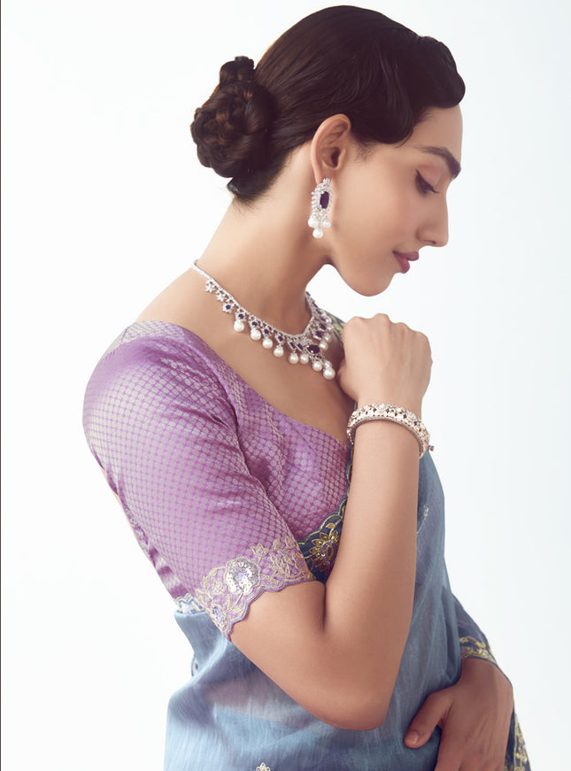 Stunning Slate Blue Tissue Organza Embroidered Wedding Saree