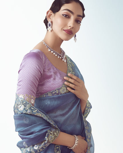 Stunning Slate Blue Tissue Organza Embroidered Wedding Saree