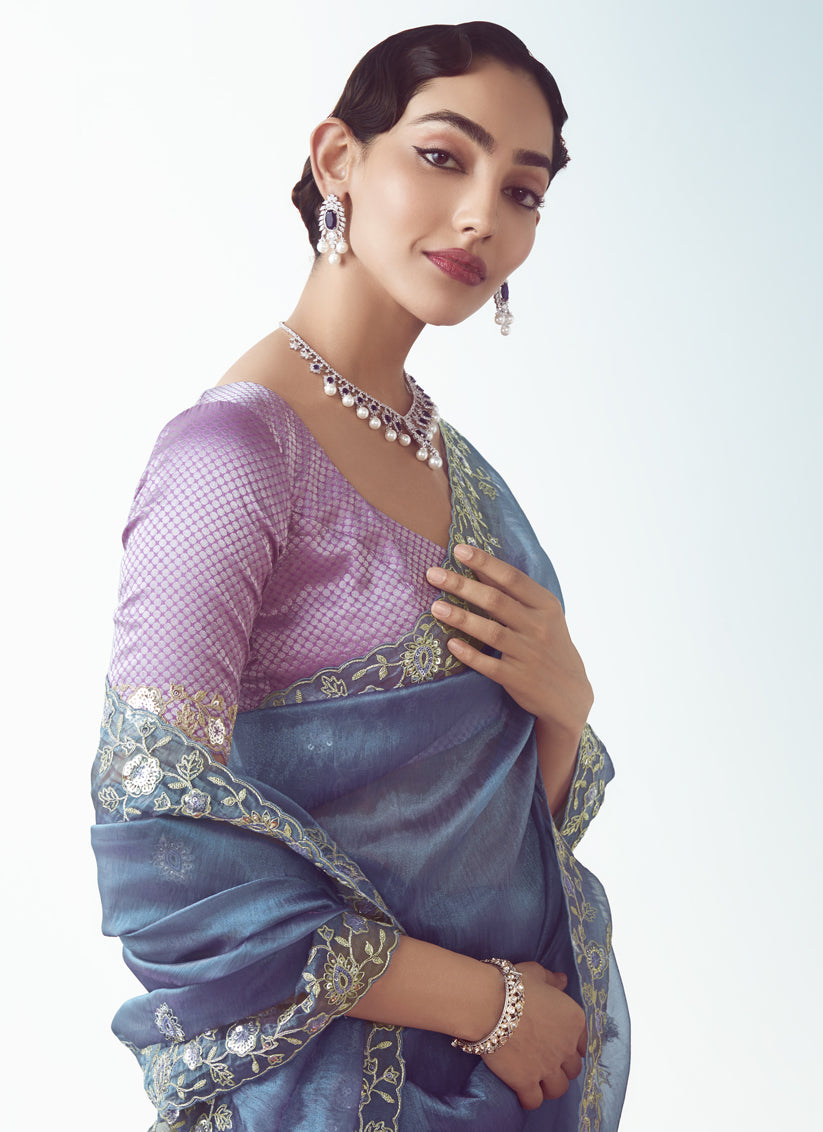 Stunning Slate Blue Tissue Organza Embroidered Wedding Saree