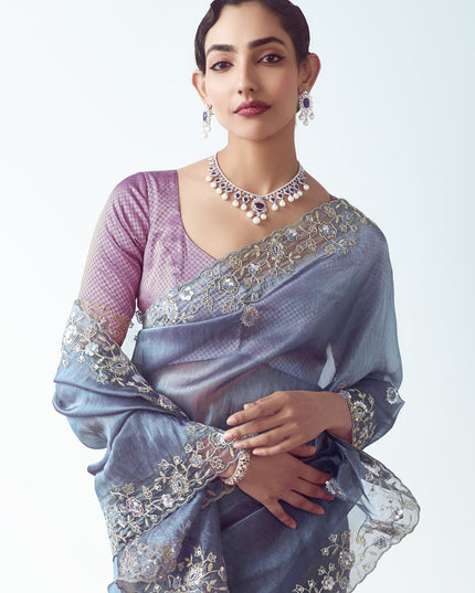 Stunning Slate Blue Tissue Organza Embroidered Wedding Saree