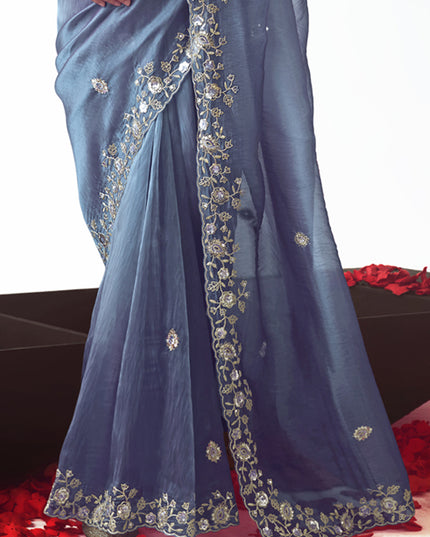 Stunning Slate Blue Tissue Organza Embroidered Wedding Saree