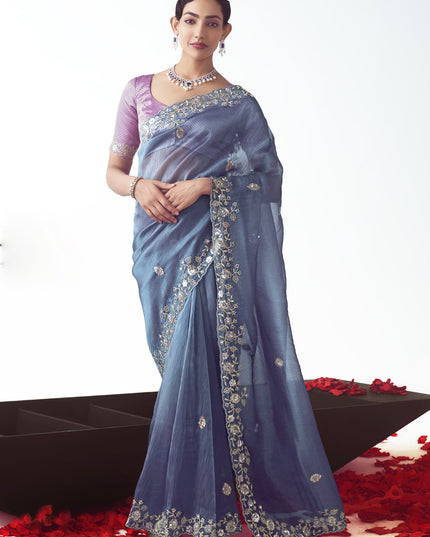 Stunning Slate Blue Tissue Organza Embroidered Wedding Saree