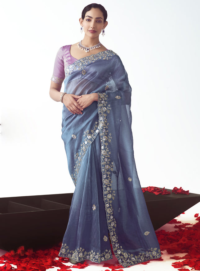 Stunning Slate Blue Tissue Organza Embroidered Wedding Saree