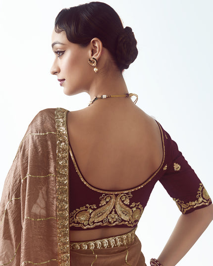 Wonderful Rose Gold Tissue Organza Embroidered Wedding Saree