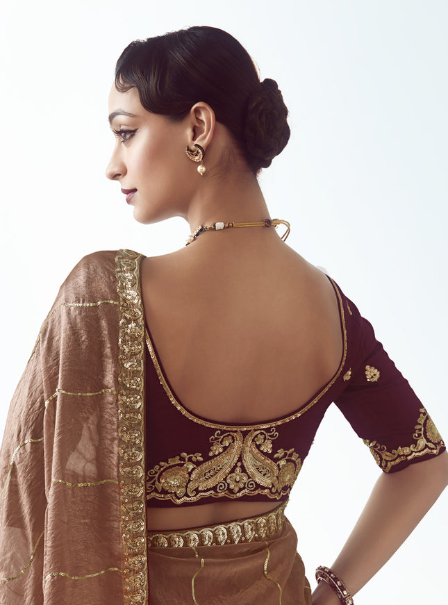 Wonderful Rose Gold Tissue Organza Embroidered Wedding Saree