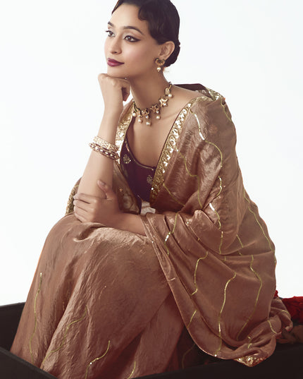 Wonderful Rose Gold Tissue Organza Embroidered Wedding Saree