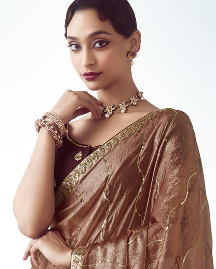 Wonderful Rose Gold Tissue Organza Embroidered Wedding Saree