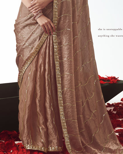 Wonderful Rose Gold Tissue Organza Embroidered Wedding Saree