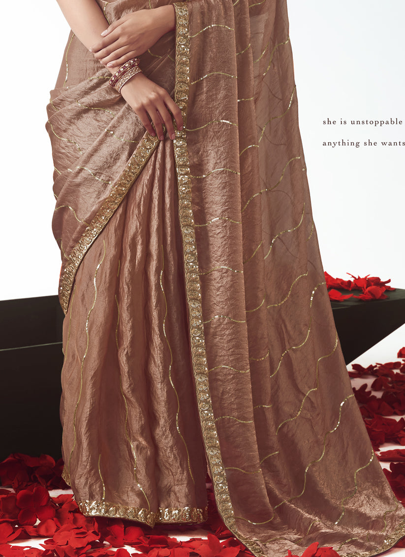 Wonderful Rose Gold Tissue Organza Embroidered Wedding Saree