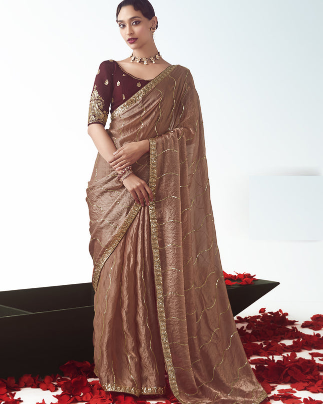 Wonderful Rose Gold Tissue Organza Embroidered Wedding Saree