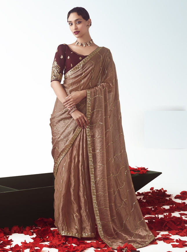 Wonderful Rose Gold Tissue Organza Embroidered Wedding Saree