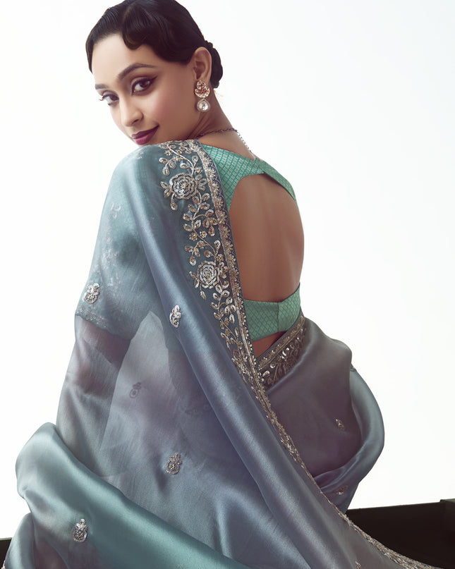 Gorgeous Teal Blue Tissue Organza Embroidered Wedding Saree