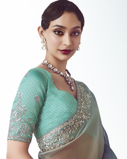 Gorgeous Teal Blue Tissue Organza Embroidered Wedding Saree