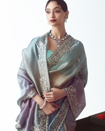 Gorgeous Teal Blue Tissue Organza Embroidered Wedding Saree