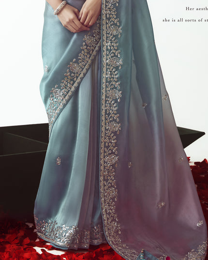 Gorgeous Teal Blue Tissue Organza Embroidered Wedding Saree