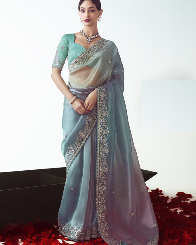 Gorgeous Teal Blue Tissue Organza Embroidered Wedding Saree