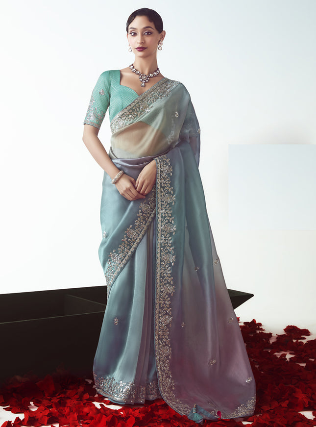 Gorgeous Teal Blue Tissue Organza Embroidered Wedding Saree