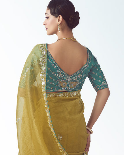 Astonishing Maize Yellow Tissue Organza Embroidered Wedding Saree