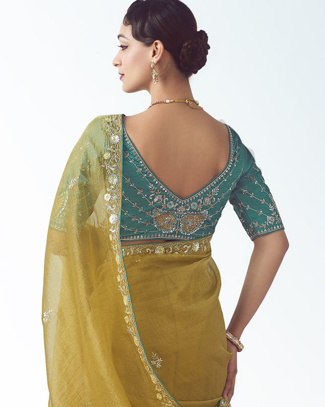 Astonishing Maize Yellow Tissue Organza Embroidered Wedding Saree
