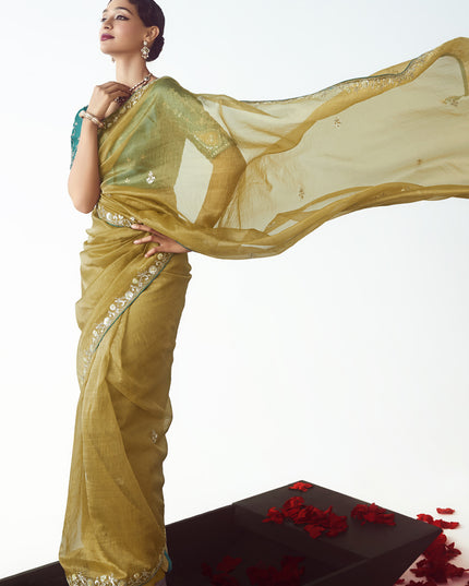 Astonishing Maize Yellow Tissue Organza Embroidered Wedding Saree