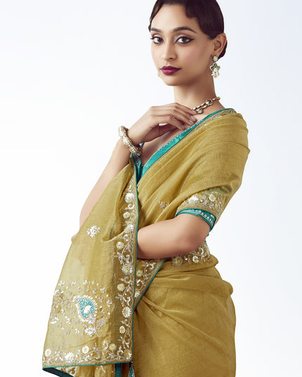 Astonishing Maize Yellow Tissue Organza Embroidered Wedding Saree