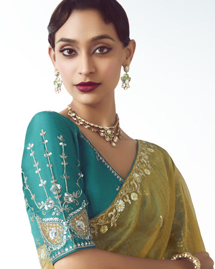 Astonishing Maize Yellow Tissue Organza Embroidered Wedding Saree