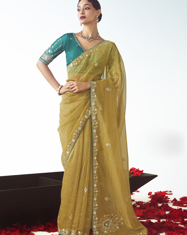 Astonishing Maize Yellow Tissue Organza Embroidered Wedding Saree
