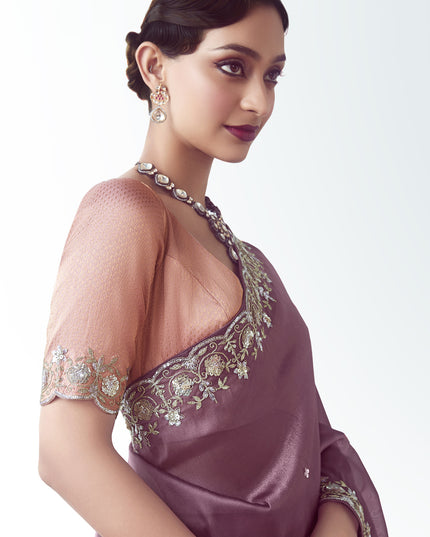 Unique Dusty Wine Tissue Organza Embroidered Wedding Saree